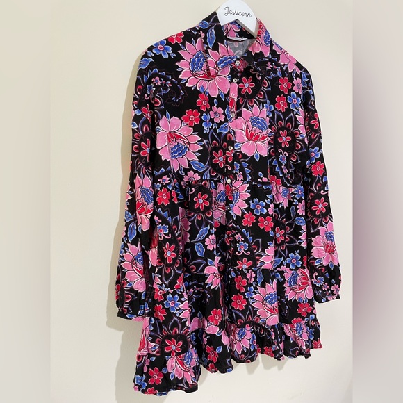Zara Black Bold Floral Long Sleeve Smock Shirt Dress Size Large Boho Style - Picture 4 of 10